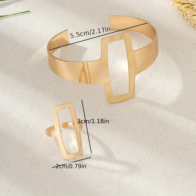 2Pcs/Set Trendy And Minimalist Geometric Square Jewelry Hollowed Out Ring And Bracelet Set Mother's Day Gift Jewelry Set 4