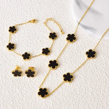 Hot Selling Plum Blossom Plant Five Leaf Flower Jewelry Set Bracelet Necklace Earrings Women Stainless Steel High Quality Clover 2