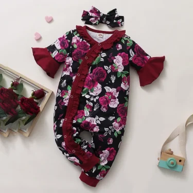 0-18Months Newborn Baby Girls Gorgeous Rose Floral Ruffle Short Sleeve Jumpsuit + Headband Toddler Baby Girl Festival Costumes 3