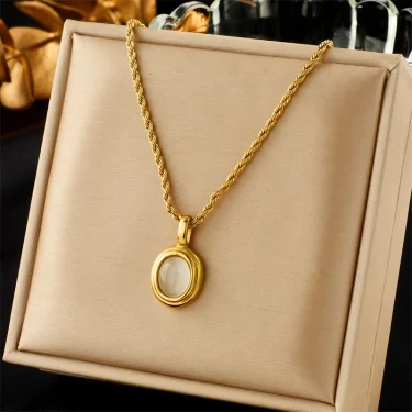DIEYURO 316L Stainless Steel Oval Black White Stone Pendant Necklace For Women Girl New Trend Clavicle Chain Jewelry Gift Party 2