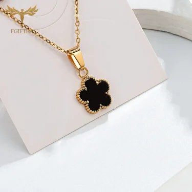 Fashion Black Flower Jewelry Set Golden Stainless Steel Stud Earrings Pendant Necklace Chain Woman Brand Jewelry Accessories 4