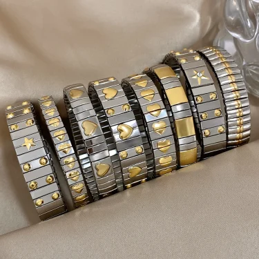 AENSOA Vintage Elasticity Stainless Steel Bangles Bracelet for Women Classic Heart Square Adjustable Wristband Waterproof Bangle 1