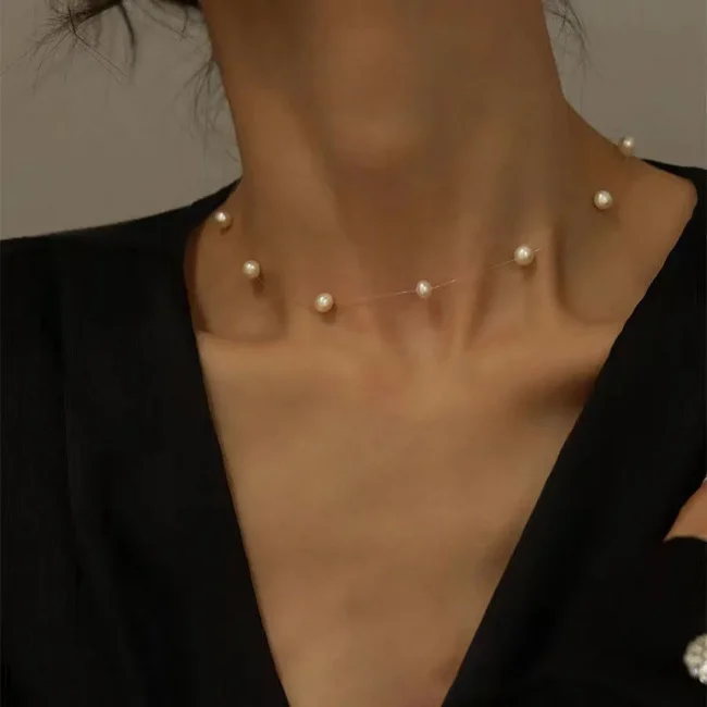 New Beads Neck Chain Kpop Pearl Choker Necklace Invisible Transparent Fishing Line Chocker Jewelry Collar for Women 2