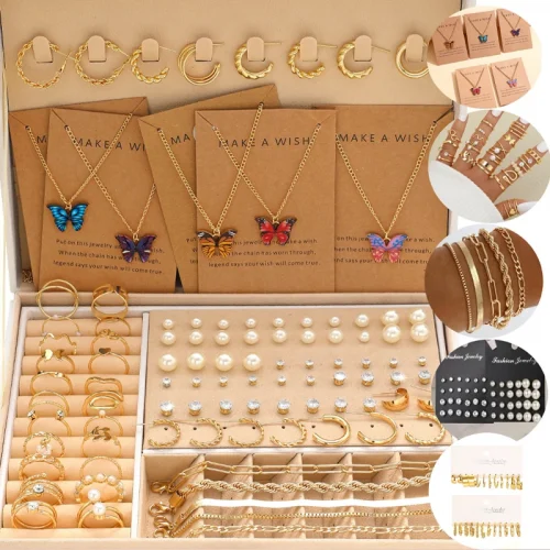 104 Pcs/Set Fashion Necklace Earrings Ring Bracelet Earrings Five in One Jewelry Set For Women Daily Vacation Wearing 2024 New 1