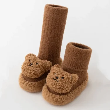 Autumn Winter Infant Leather Sole Shoes Mink Velvet Thicken Warm Newborn Baby Walking Socks Shoe Cartoon Bear Kids Floor Socken 5