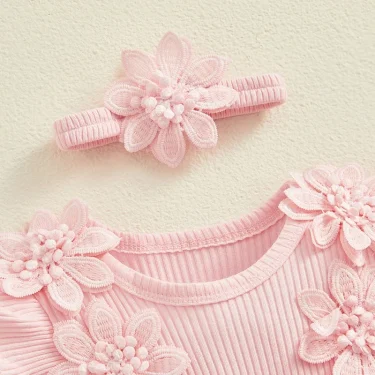 3D Flower Summer Baby Girls Romper Princess Mesh Newborn Clothes Lace Patchwork Ruffle Bodysuit Dress Headband Kids Clothing 4