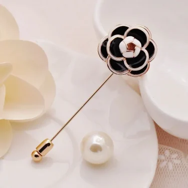 Camellia pin brooch Black White Flower Rose Pearl Female Brooches Accessories 5