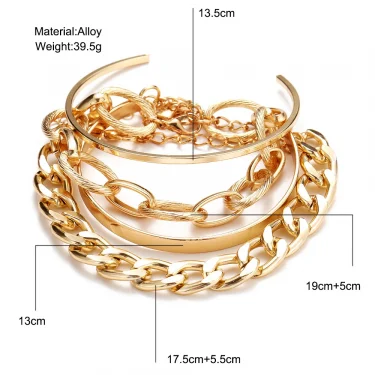Bohemian Metal Chain Bracelet Set For Women Geometric Gold Color Thick Link Chain Open Bangle Female Fashion Jewelry 2