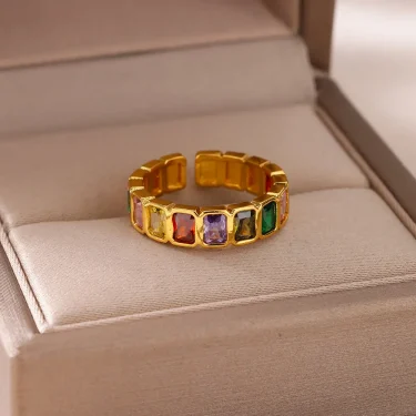 Colorful Cubic Zircon Ring for Women Stainless Steel Gold Color Open Ring Vintage Boho Wedding Party Jewelry Gift Accessories 1