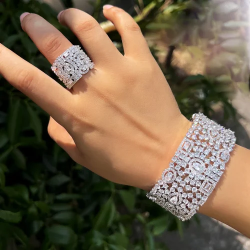 CWWZircons Luxury Chunky Cubic Zirconia Inlay Wide Big Open Cuff Bangle and Ring Dubai Wedding Bridal Party Jewelry Sets T749 1