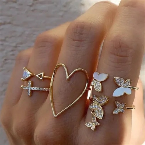 Vintage Korean Gold Silver Color Pearl Rings Set Jewelry For Girls Butterfly Hollow Heart Ring For Women Accessories 1