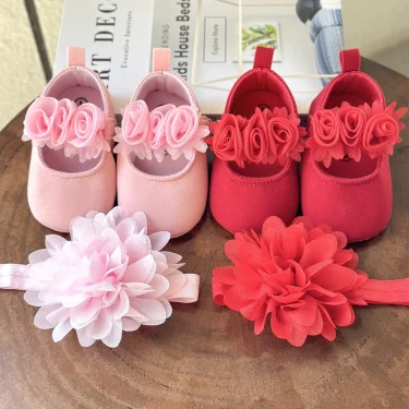 2pcs Baby Girls Flat Shoes With Flower Decor Princess Crib Shoes First Walker Shoes & Headband For Newborn Infant 2