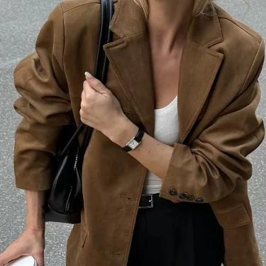TRAFZA Trendy Suede Blazer For Women Autumn Causal Solid Color Single Breasted With Pockets Long Sleeves Lapel Retro Coats 6