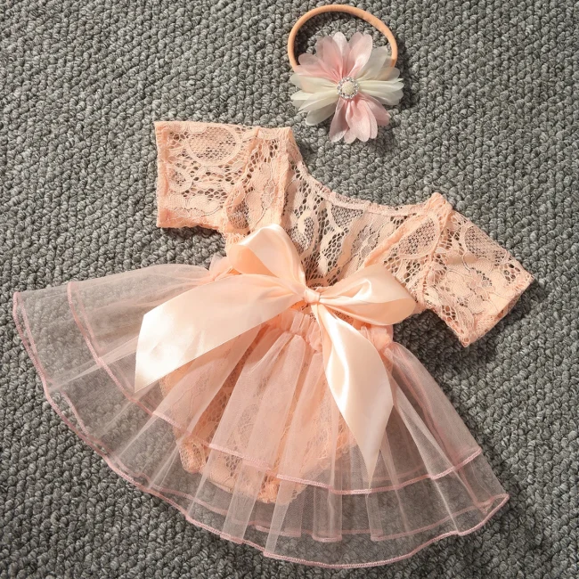 Ylsteed Newborn Lace Romper with Pearl Headband Infant Photo Props Newborn Girl Photo Shooting Outfits Baby Girl Big Bow Romper 4