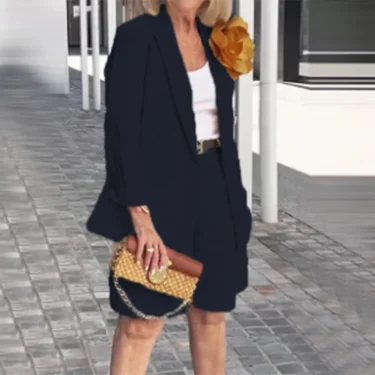 Summer New Solid Color Long Sleeve Shorts For Women's Suit Set Stylish Cardigan Female Office Suit 2 Piece Set 6