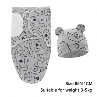 Baby Blanket Hat Set Cartoon Printed Cotton Newborn Swaddle Adjustable Infant Sleeping Swaddle Wraps All Seasons 0-6 Months 6