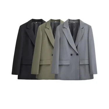 TRAF-Women's Double Breasted Office Wear Blazer Coat, Long Sleeve, Flap Pockets, Female Outerwear, Chic Tops, Fashion 1