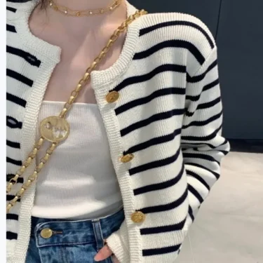 Stripe Knitted Cardigan Women Spring Autumn O-neck Single Breasted Long Sleeve Crop Tops Fashion Casual Chic Female Sweaters 5
