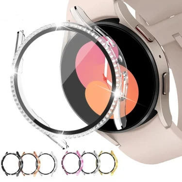 Case for Samsung Galaxy Watch 7 6 5 4 40mm 44mm Screen Protector PC Bumper Tempered Glass Diamond Integrated Protective Case 1