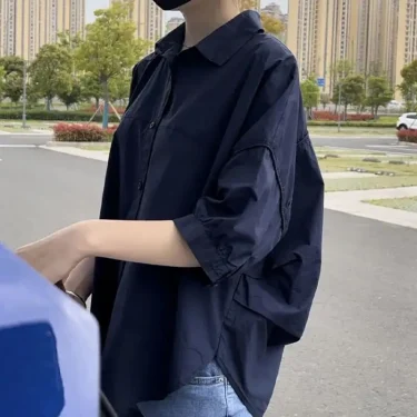 Cotton Mid-sleeve Thin Woman Blous Shir 2024 Summer New Loose Fashion Irregular Shirt Casual Vacation Top Korean Women's Clothes 3