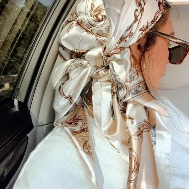 Satin Square Scarf Women Muslim Hijab Elegant 2025 Print Silk Neckerchief Shawl Wraps Headband Handle Hair Accessories Bandana 1