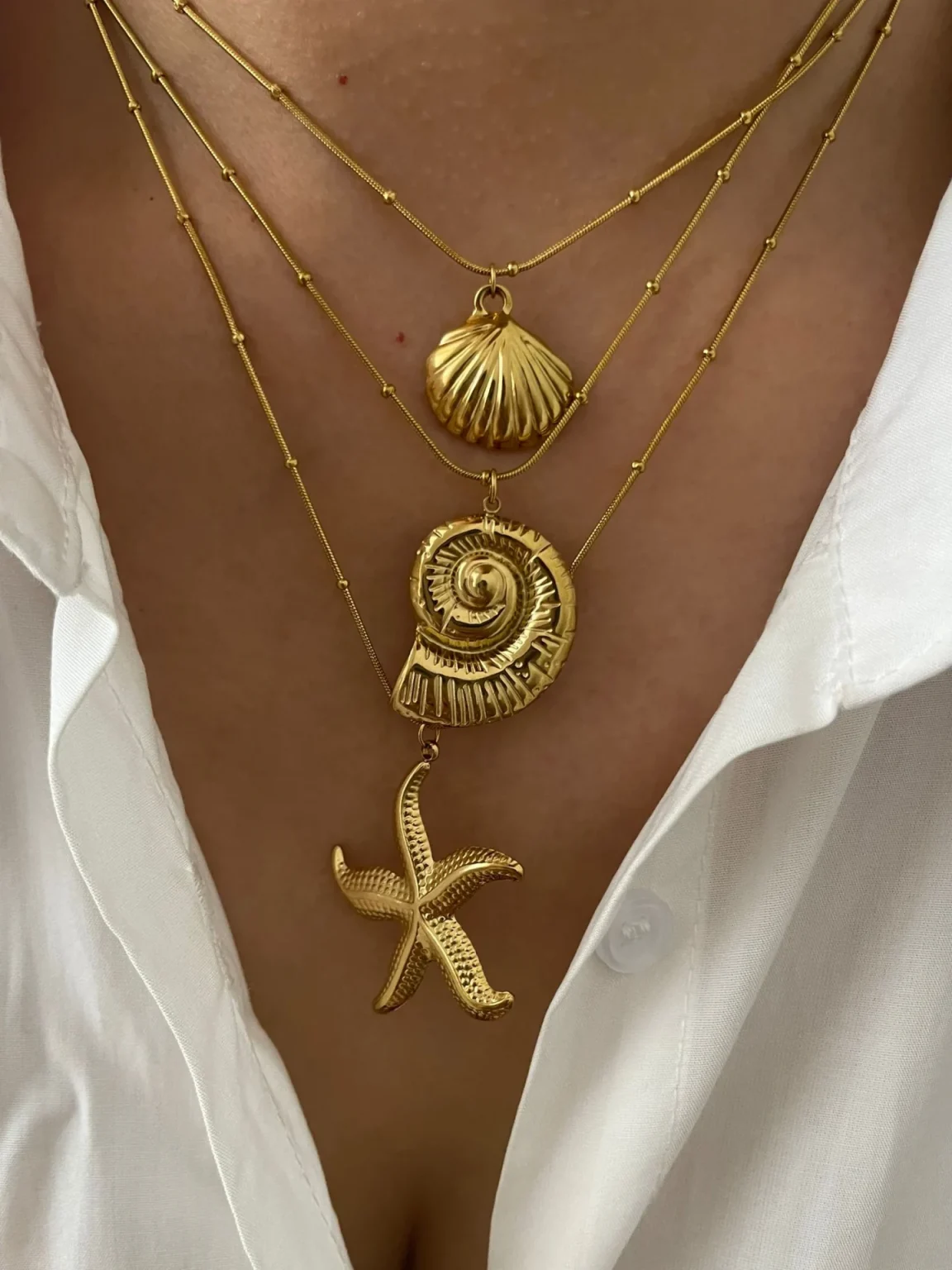 Peri'sbox Minimalist Starfish Stripe Conch Scallop Shaped Pendant Necklace for Women Waterproof Trend Jewelry Summer Beach Party 1