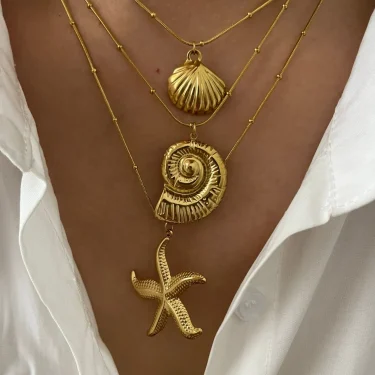 Peri'sbox Minimalist Starfish Stripe Conch Scallop Shaped Pendant Necklace for Women Waterproof Trend Jewelry Summer Beach Party 1