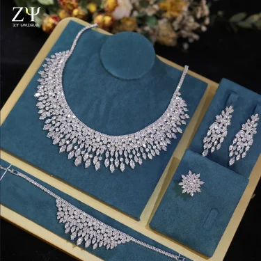 Fashion White 5A CZ Zirconia Leaf Earring Necklace for Women Bridal Weddings Jewelry Set Bijoux Femme Ensembl 1