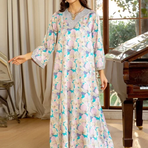 Siskakia Dubai Fashion Diamonds Elegant Printing Long Dresses Muslim Eid Casual Party Gown Moroccan Saudi Women Abayas 1