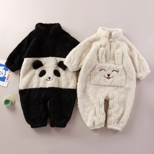 0-2T Baby Girls Boys Romper Newborn Warm Jumpsuits Coral Fleece Cartoon Jumpsuit Winter Warm Long Sleeve Infant Sleepwear 1