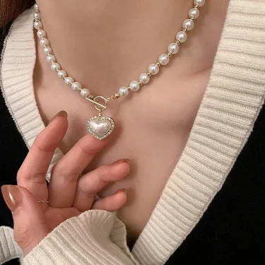 Elegant Pearl Necklace For Women Heart Pendant Necklaces Luxury Imitation Pearls Chain Necklaces Korean Jewelry Girls Gifts 1