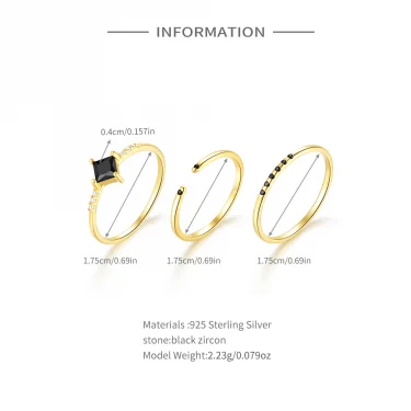 Aide 925 Sterling Silver 3pcs Set Simple Circle Adjustable Ring For Women Minimalist Black Zircon K Gold Fine Jewelry Party Gift 6