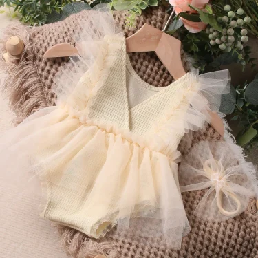 Ylsteed Violet Newborn Outfit for Pictures Knitted Infant Photography Romper with Matching Headbands Mesh Dress Portrait Props 3
