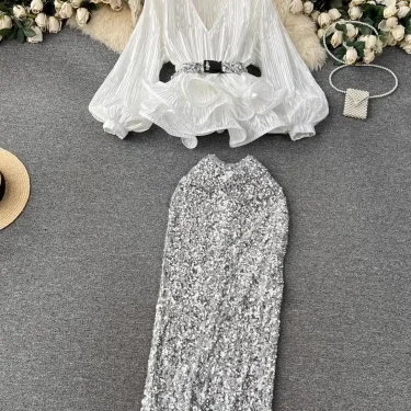 Sexy Club Luxury Sequined 2 Pieces Set Women V Neck Lantern Sleeve Belt Ruffles Shirt Top + Elastic Waist Bodycon Skirt Suit 3