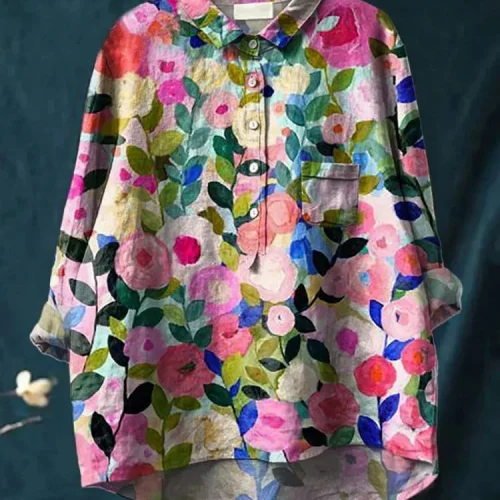 Fall Women's Shirt Casual Vintage Floral Art long sleeve pocket shirt Hawaiian style printed V-neck top for women 1