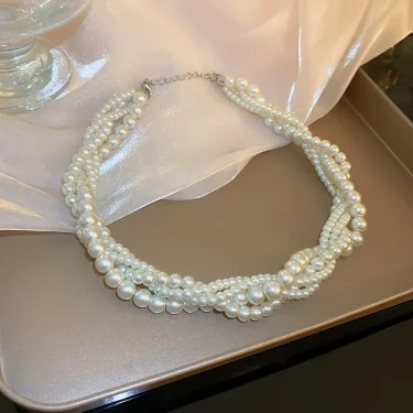 Korean Style Twining Pearl Choker Necklaces for Women Geometric Necklaces Weddings Bride Jewelry Accessories 3