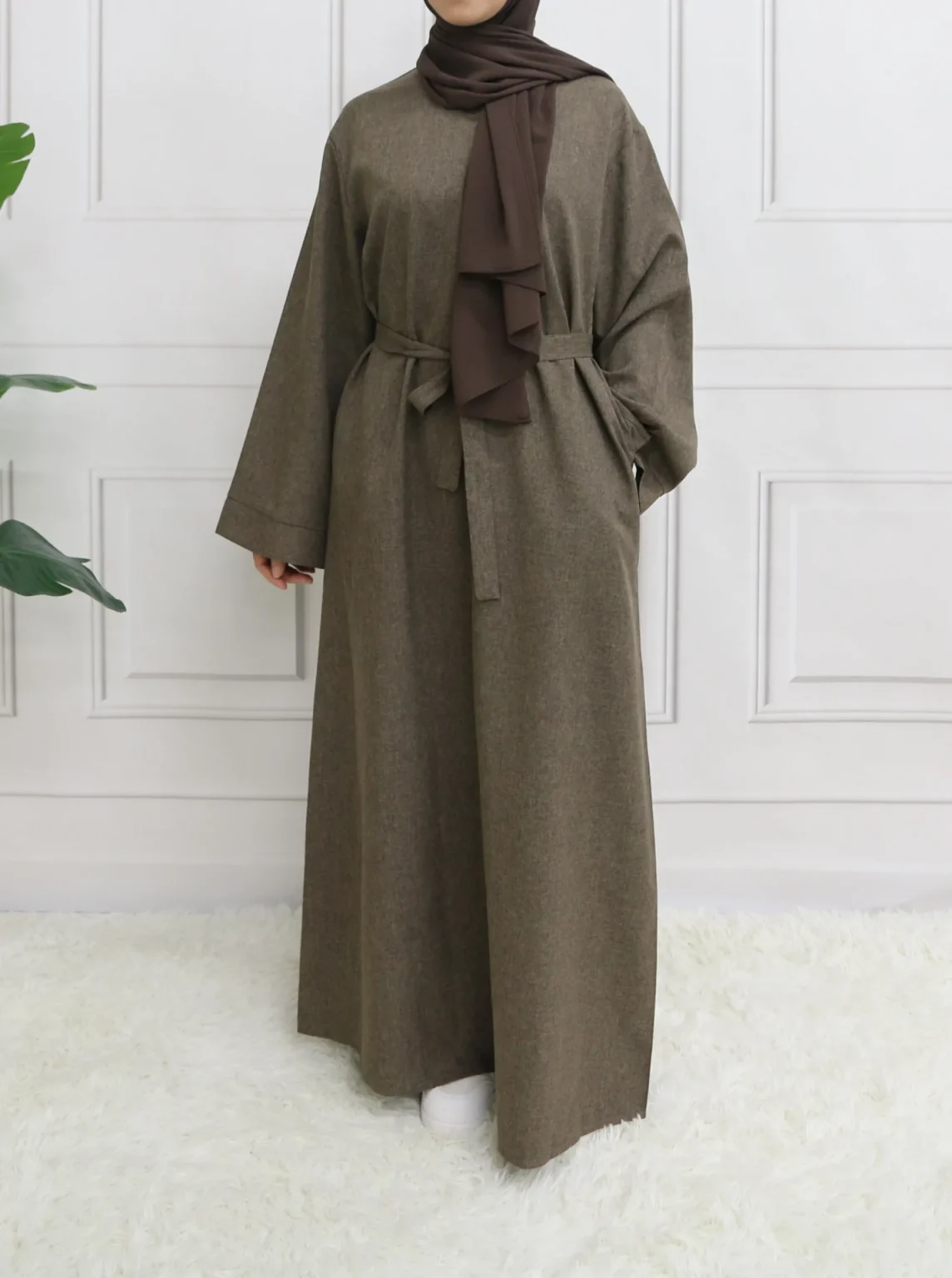 Modest Closed Plain Long Sleeve Abaya Without Hijab With Belt Basic Islamic Eid Clothes Dress 5