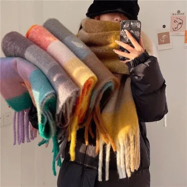 2025 Winter Thick Warm Scarf Women Cashmere Shawl and Wraps Pashmina Neckerchief Bufanda Female Rainbow Hairy Tessel Echarpe New 1