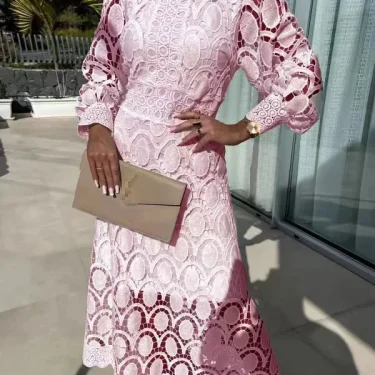 Spring New French Lace Standing Neck Bubble Sleeves Wrapped Waist for Slimming Dress, Elegant European and American Long Dress 3