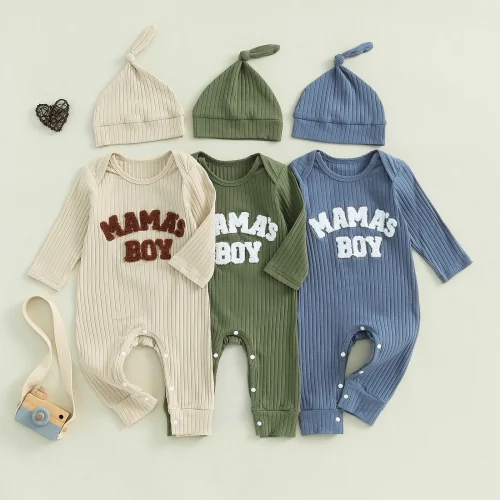 Baby Clothing Boy Bodysuits Letter Embroidered Ribbed Long Sleeve Fall Jumpsuits Hat Outfits Newborn Clothes 1