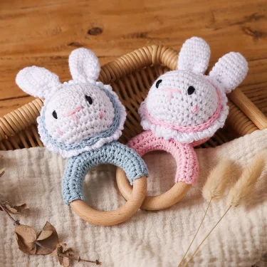 1Pc Customized Baby Teether Wooden Bracelet Crochet Rattle Toys BPA Free Crochet Lemon Bunny Rodent Rattle Newborn Toys Gift 2