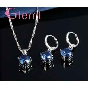 925 Sterling Silver Pendant Necklace Earrings For Women Engagement Fashion Jewelry Set Trendy Austrian Crystal Wholesale 4