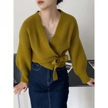 Early Autumn Bow Tie V-Neck Knit Women's Short High Waist Cardigan Sweater Coat Overlay Design Sense Top 4