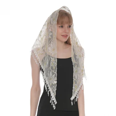 Fashion Church Shawl Lace Veil Polyester Scarf Bandana Church Prayer Wedding Mantilla Chapel White Embroidered Hijab Women Scarf 2