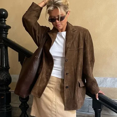 TRAFZA Trendy Suede Blazer For Women Autumn Causal Solid Color Single Breasted With Pockets Long Sleeves Lapel Retro Coats 4