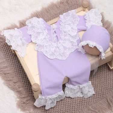Ylsteed Newborn Girl Lace Jumpsuit Hat Set Violet Infant Picture Outfits Baby Photo Props Baby PhotoShoot Props 3