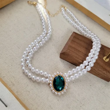Vintage Double Layer Pearl Necklace Emerald Pearl Earrings Choker Women Elegant Clavicle Chain Banquet Party Fashion Accessories 5