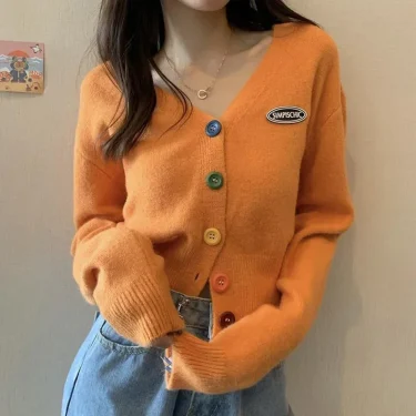 Cardigan for Women Long Sleeve Knitted Sweaters Sweater Cropped Crochet Kawaii V Neck Cardigans Woman Black Tops Cute 2024 Trend 2