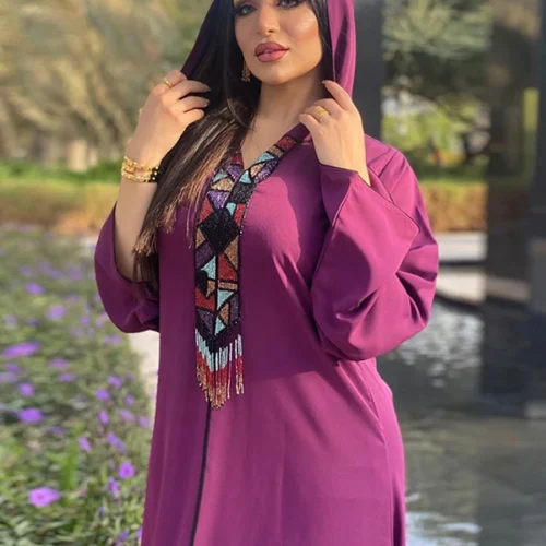 Gulf Abayas For Women Elegant Hoodie Long Dresses Muslim Fashion Beaded Tassel Moroccan Kaftan Robe Ramadan Hijab Women Clothing 2