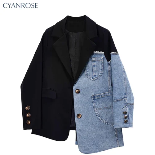 Women Vintage Fashion Blazer Denim Patchwork Jackets 2022 Autumn Winter Irregular Coat Women Long Sleeve Loose Korean Outerwear 1